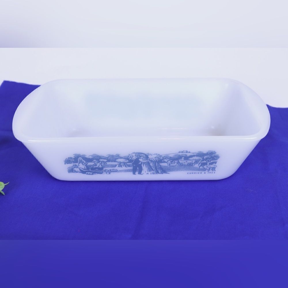 Currier and Ives Glasbake Loaf Pan - White Milk Glass J-522 17